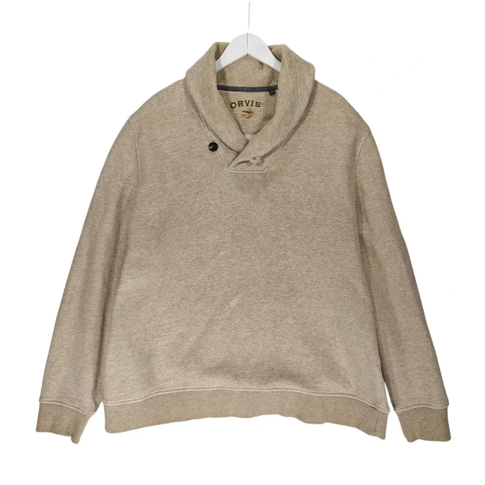 Orvis Mens Shawl Collar Pullover Sweatshirt Tan Heathered Button Neck XL